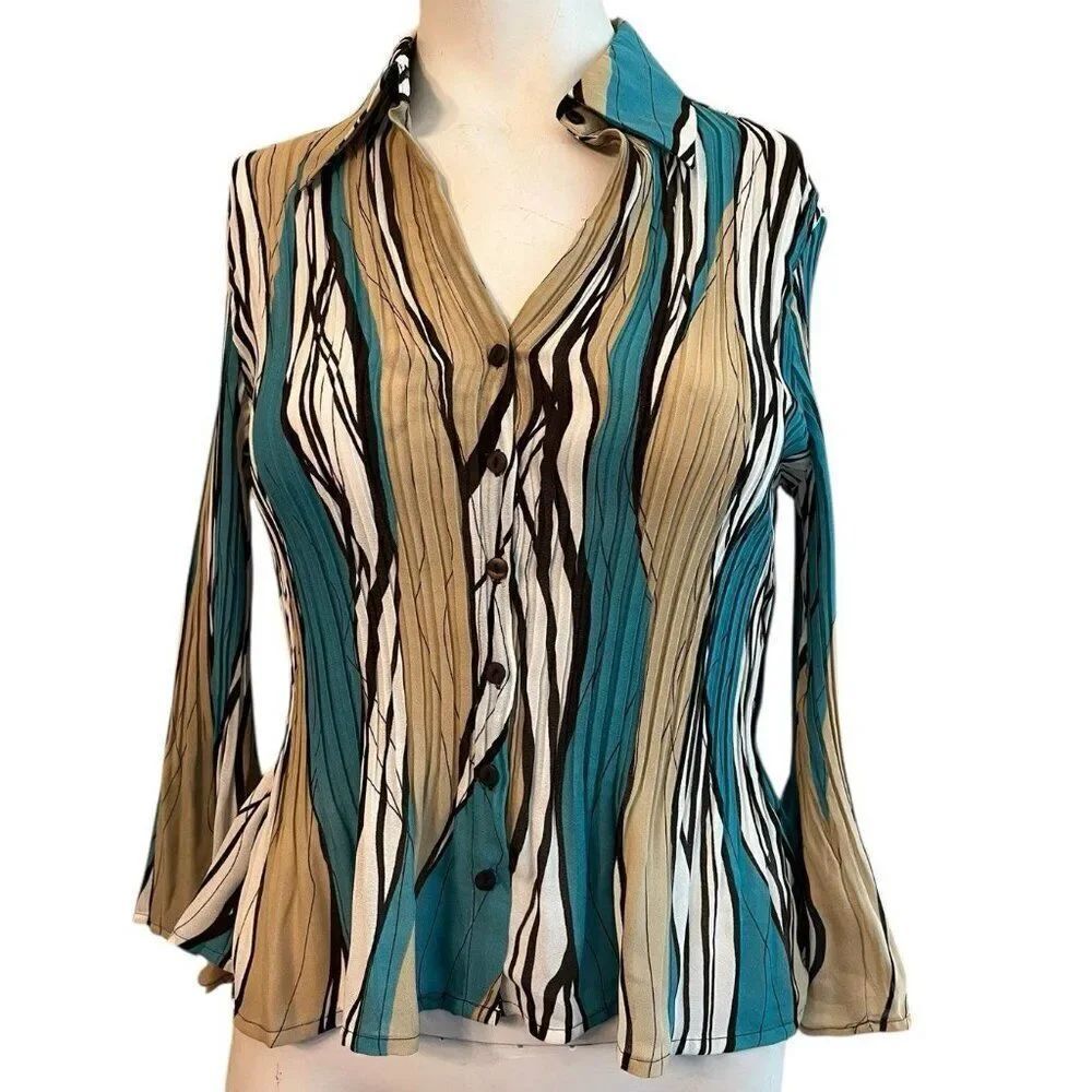 Allison Taylor Petite Small PS Green Crinkle Blouse Button Front Bell Sleeves
